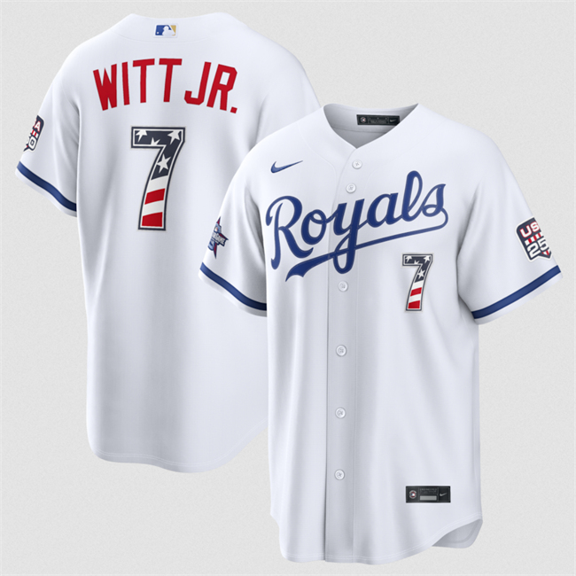 Men's Kansas City Royals #7 Bobby Witt Jr. White 2026 All-Star Edition Stars & Stripes Stadium USA 250 Patch Stitched Baseball Jersey