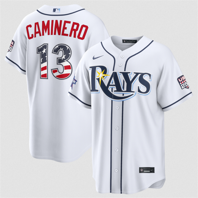 Men's Tampa Bay Rays #13 Junior Caminero White 2026 All-Star Edition Stars & Stripes Stadium USA 250 Patch Stitched Baseball Jersey