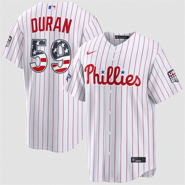 Men's Philadelphia Phillies #59 Jhoan Duran White 2026 All-Star Edition Stars & Stripes Stadium USA 250 Patch Stitched Baseball Jersey