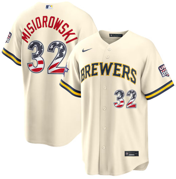 Men's Milwaukee Brewers #32 Jacob Misiorowski Cream 2026 All-Star Edition Stars & Stripes USA 250 Patch Stitched Baseball Jersey Stitched Baseball Jersey