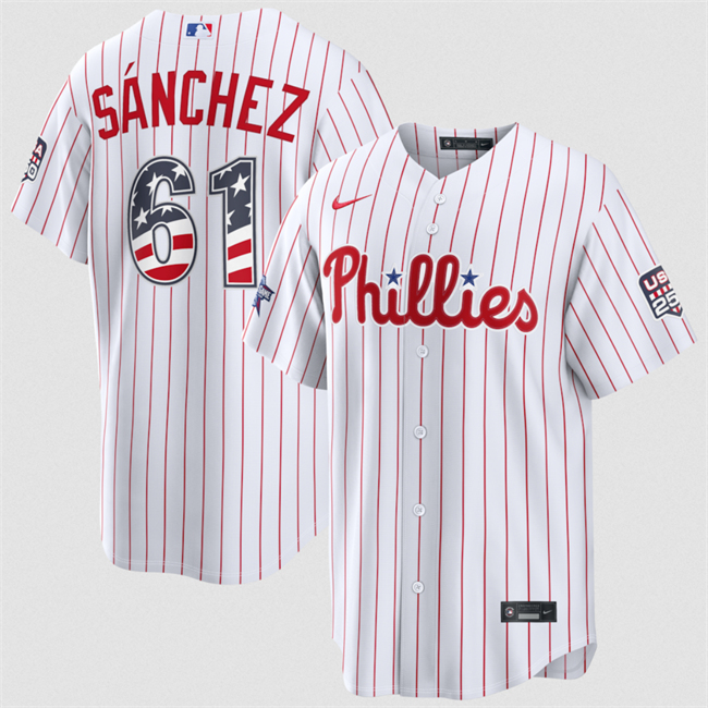 Men's Philadelphia Phillies #61 Cristopher Sánchez White 2026 All-Star Edition Stars & Stripes Stadium USA 250 Patch Stitched Baseball Jersey