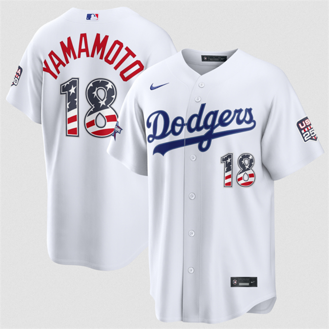 Men's Los Angeles Dodgers #18 Yoshinobu Yamamoto White 2026 All-Star Edition Stars & Stripes Stadium USA 250 Patch Stitched Baseball Jersey