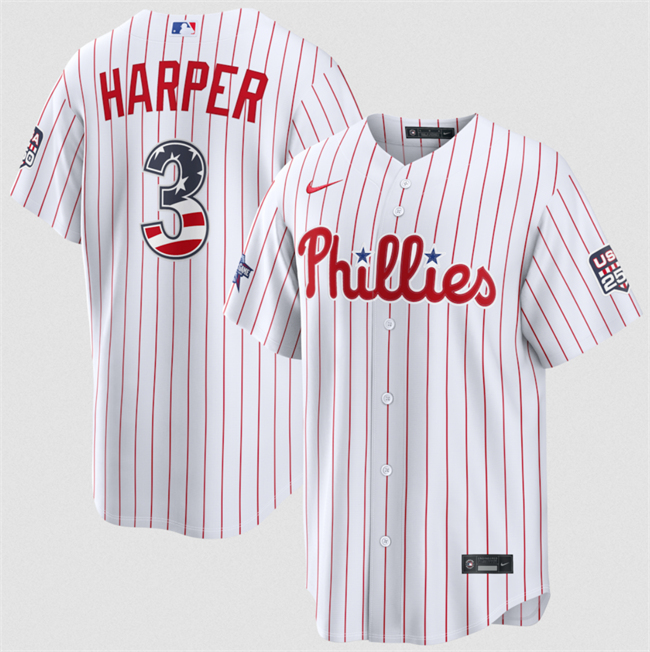 Men's Philadelphia Phillies #3 Bryce Harper White 2026 All-Star Edition Stars & Stripes Stadium USA 250 Patch Stitched Baseball Jersey