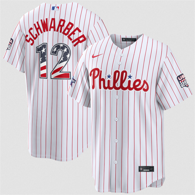 Men's Philadelphia Phillies #12 Kyle Schwarber White 2026 All-Star Edition Stars & Stripes Stadium USA 250 Patch Stitched Baseball Jersey