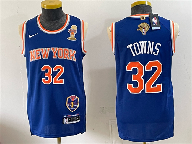 Men's New Yok Knicks #32 Karl-Anthony Towns Blue 2026 Finals Champions Patch Statement Edition Stitched Jersey