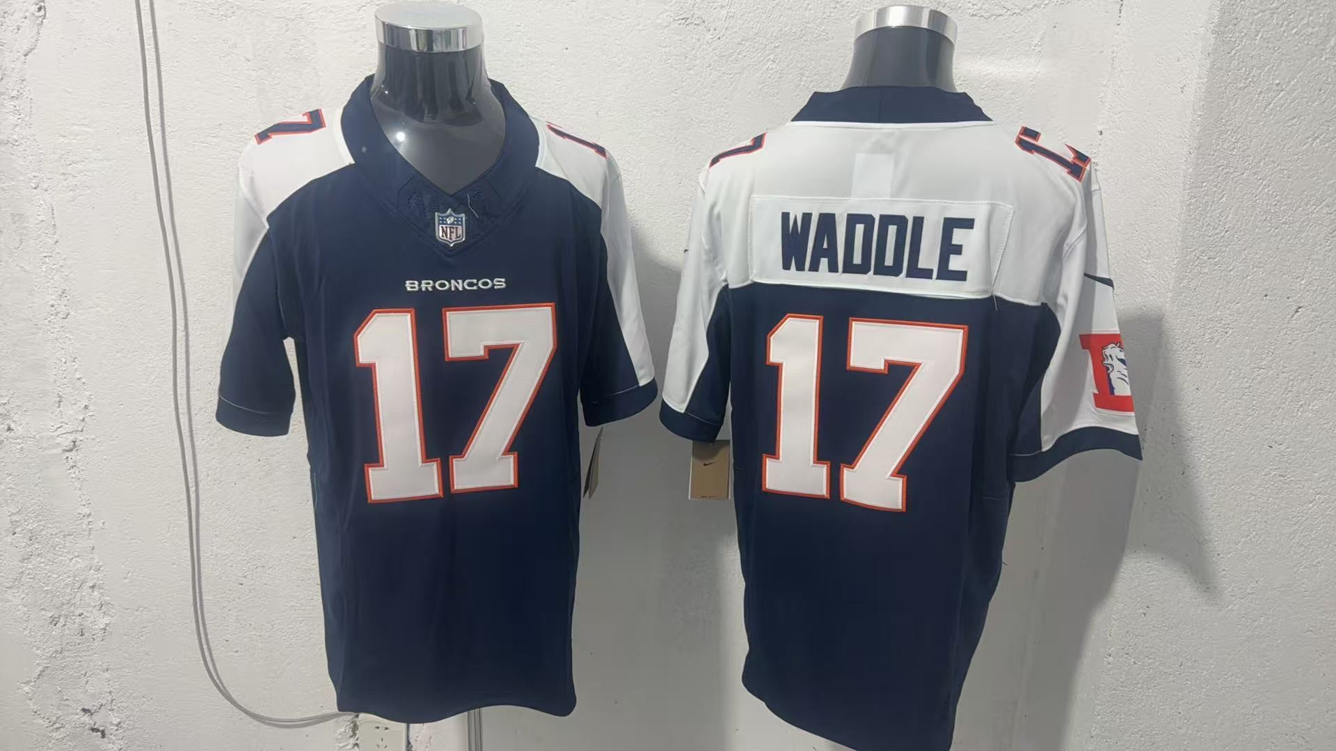Men's Denver Broncos #17 Jaylen Waddle Navy White  2026 Vapor Limited Stitched Football Jersey