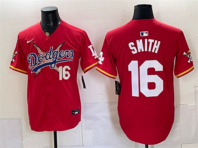Men's Los Angeles Dodgers x One Piece #16 Will Smith Red Vapor Premier Limited Stitched Baseball Jersey