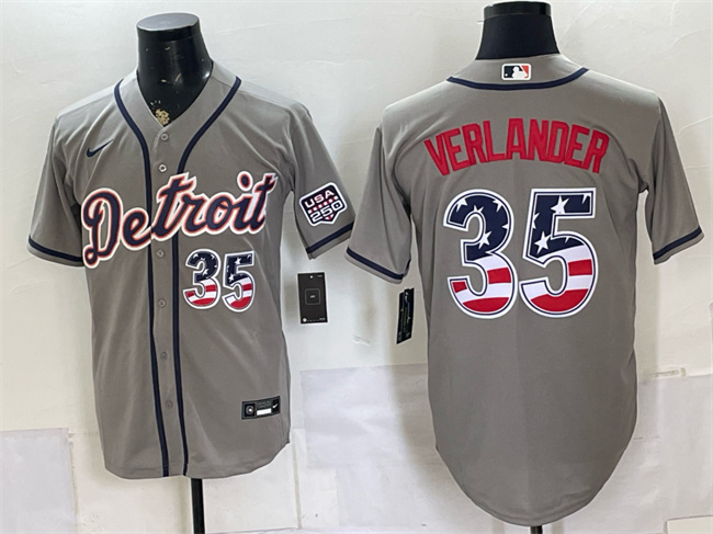 Men's Detroit Tigers #35 Justin Verlander Grey 2026 USA 250 Fourth of July Stitched Baseball Jersey