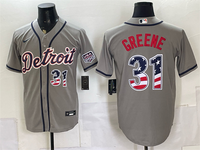 Men's Detroit Tigers #31 Riley Greene Grey 2026 USA 250 Fourth of July Stitched Baseball Jersey