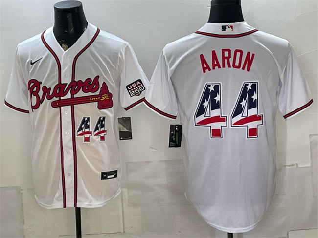 Men's Atlanta Braves #44 Hank Aaron White USA 250 Fourth of July Home Stadium Stitched Baseball Jersey