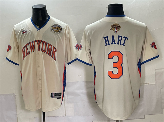 Men's New York Knicks #3 Josh Hart Cream 2026 Finals & Eastern Conference Champions Patch Stitched Baseball Jersey