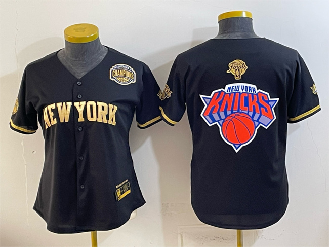 Youth New York Knicks Team Big Logo Black Gold 2026 Finals & Eastern Conference Champions Patch Stitched Baseball Jersey