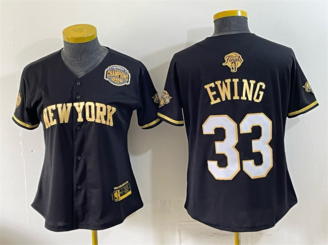 Youth New York Knicks #33 Patrick Ewing Black Gold 2026 Finals & Eastern Conference Champions Patch Stitched Baseball Jersey