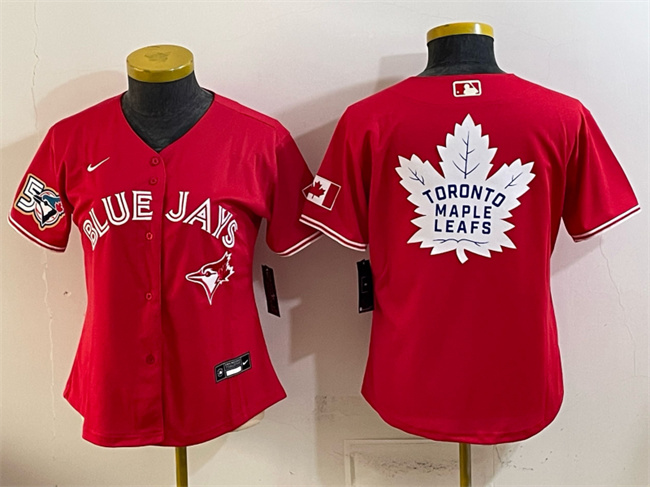 Women's Toronto Blue Jays & Leafs Red With White Leafs Logo 50 Seasons Patch Stitched Baseball Jersey(Run Small)