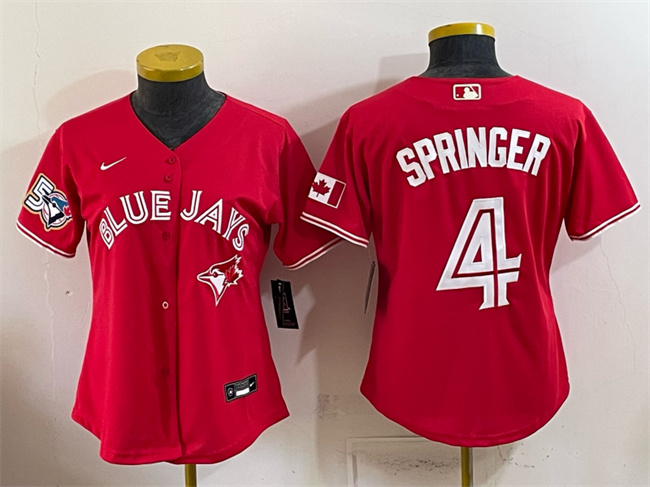 Women's Toronto Blue Jays #4 George Springer Red 50 Seasons Patch Stitched Baseball Jersey(Run Small)