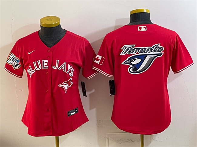 Women's Toronto Blue Jays Team Big Logo Red 50 Seasons Patch Stitched Baseball Jersey(Run Small)