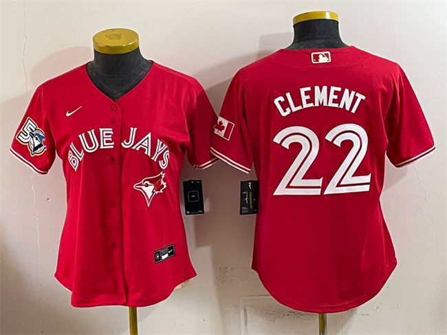 Women's Toronto Blue Jays #22 Ernie Clement Red 50 Seasons Patch Stitched Baseball Jersey(Run Small)
