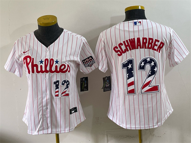 Women's Philadelphia Phillies #12 Kyle Schwarber White USA 250 Fourth of July Home Stitched Baseball Jersey(Run Small)