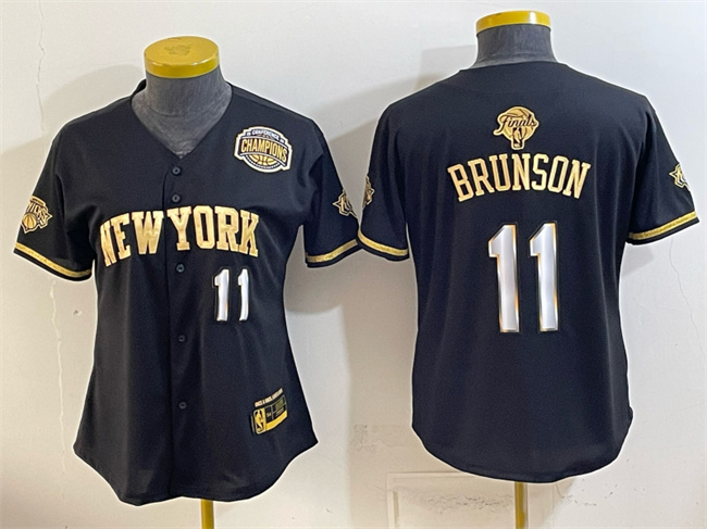 Women's New York Knicks #11 Jalen Brunson Black Gold 2026 Finals & Eastern Conference Champions Patch Stitched Baseball Jersey(Run Small)