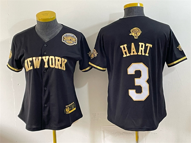 Women's New York Knicks #3 Josh Hart Black Gold 2026 Finals & Eastern Conference Champions Patch Stitched Baseball Jersey(Run Small)