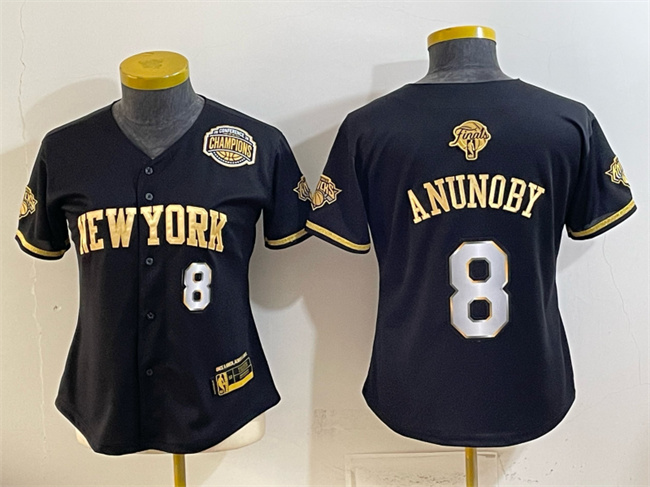 Women's New York Knicks #8 OG Anunoby Black Gold 2026 Finals & Eastern Conference Champions Patch Stitched Baseball Jersey(Run Small)