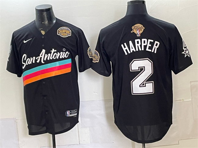 Men's San Antonio Spurs #2 Dylan Harper Black 2026 Finals & Western Conference Champions Patch City Edition Stitched Baseball Jersey