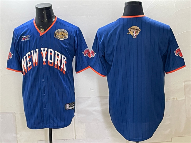 Men's New York Knicks Blank Royal 2026 Finals & Eastern Conference Champions Patch Stitched Baseball Jersey