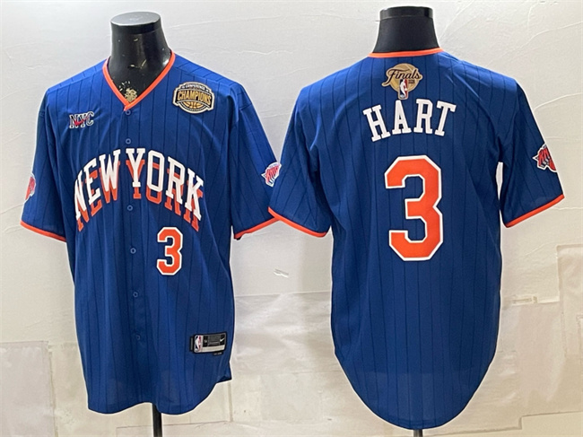 Men's New York Knicks #3 Josh Hart Royal 2026 Finals & Eastern Conference Champions Patch Stitched Baseball Jersey
