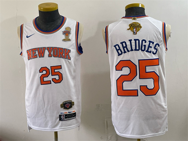 Men's New Yok Knicks #25 Mikal Bridges White 2026 Finals Champions Patch Statement Edition Stitched Jersey