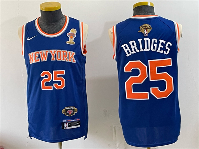 Men's New Yok Knicks #25 Mikal Bridges Blue 2026 Finals Champions Patch Statement Edition Stitched Jersey