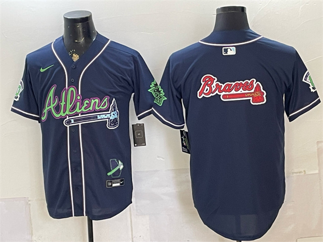 Men's Atlanta Braves Team Big Logo Navy Galaxy With Outkast Patch Vapor Limited Stitched Baseball Jersey