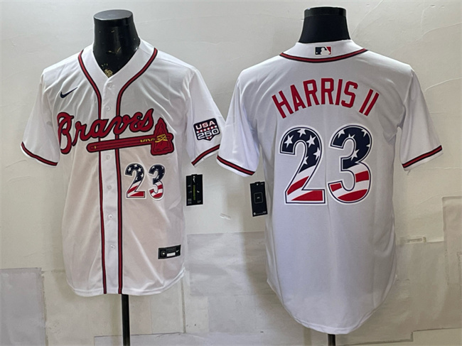 Men's Atlanta Braves #23 Michael Harris II White USA 250 Fourth of July Home Stadium Stitched Baseball Jersey