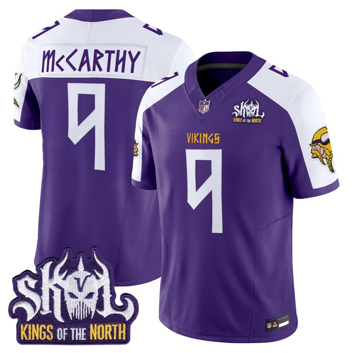 Men's Minnesota Vikings #9 JJ McCarthy Purple Alternate Norse Heritage Edition Kings Of The North Patch Vapor Limited Jersey - All Stitched