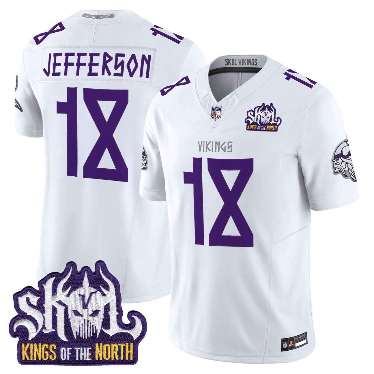 Men's Minnesota Vikings #18 Justin Jefferson Winter Warrior Norse Heritage Edition Kings Of The North Patch Vapor Limited Jersey - All Stitched