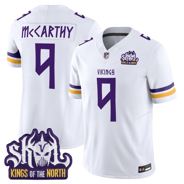 Men's Minnesota Vikings #9 JJ McCarthy White Norse Heritage Edition Kings Of The North Patch Vapor Limited Jersey - All Stitched