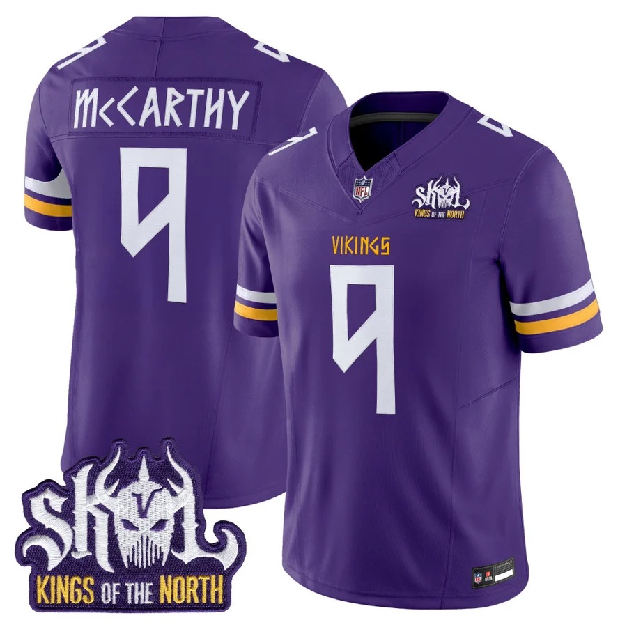 Men's Minnesota Vikings #9 JJ McCarthy Purple Norse Heritage Edition Kings Of The North Patch Vapor Limited Jersey - All Stitched