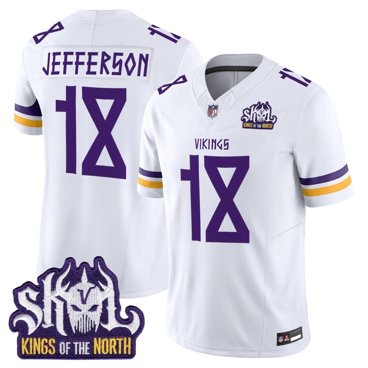 Men's Minnesota Vikings #18 Justin Jefferson White Norse Heritage Edition Kings Of The North Patch Vapor Limited Jersey - All Stitched