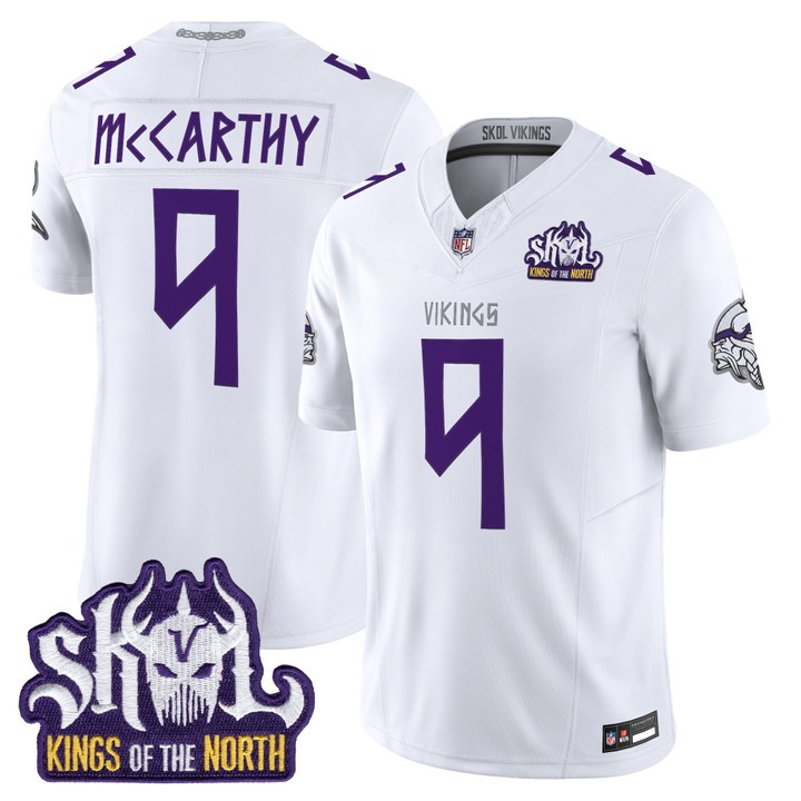 Men's Minnesota Vikings #9 JJ McCarthy Winter Warrior Norse Heritage Edition Kings Of The North Patch Vapor Limited Jersey - All Stitched