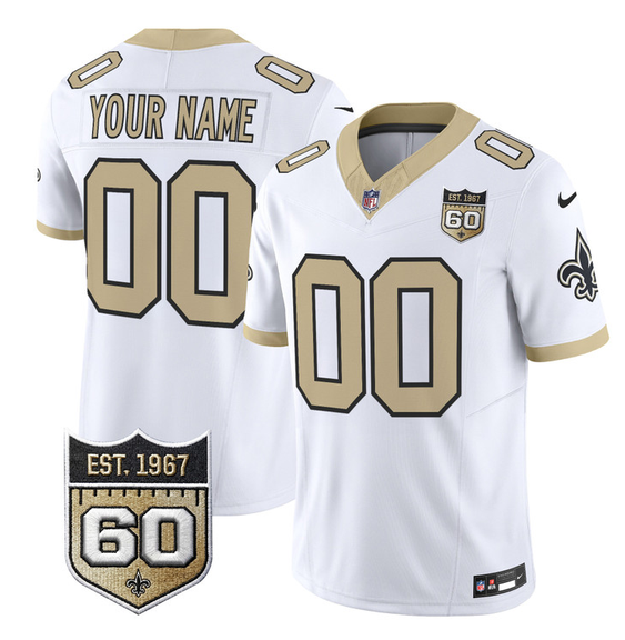 Men's New Orleans Saints Active Player Custom White F.U.S.E. 60th Anniversary Patch Vapor Limited Stitched Football Jersey