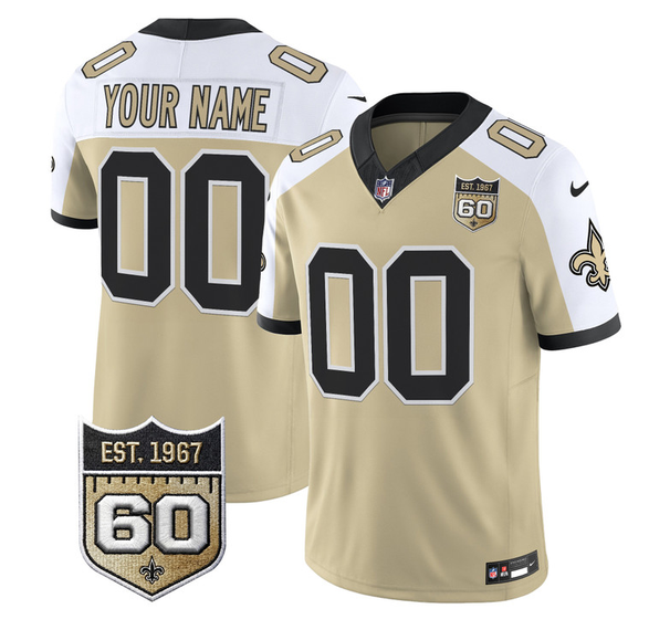 Men's New Orleans Saints Active Player Custom Gold Alternate F.U.S.E. 60th Anniversary Patch Vapor Limited Stitched Football Jersey