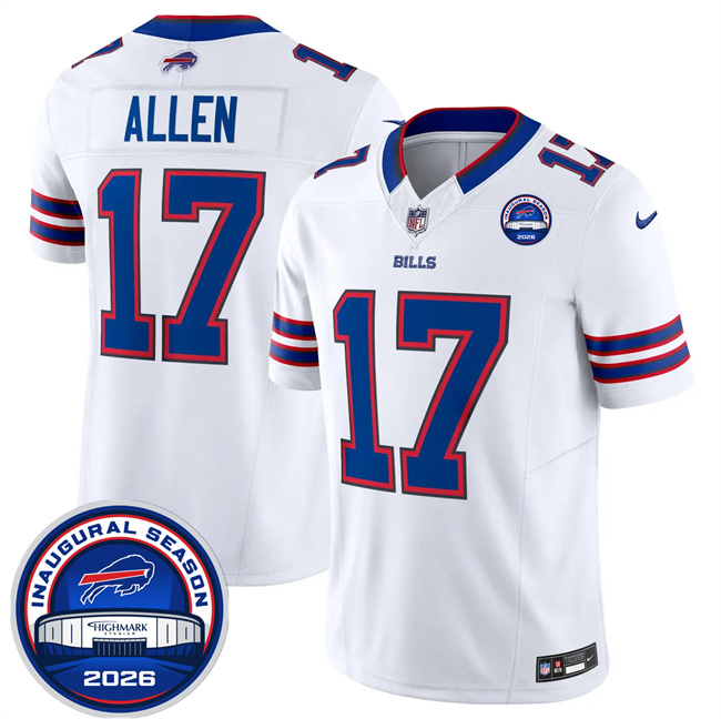 Men's Buffalo Bills #17 Josh Allen White F.U.S.E. 2026 Inaugural Season at Highmark Stadium Patch Stitched Football Jersey