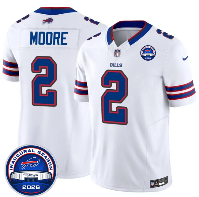 Men's Buffalo Bills #2 D.J. Moore White F.U.S.E. 2026 Inaugural Season at Highmark Stadium Patch Stitched Football Jersey