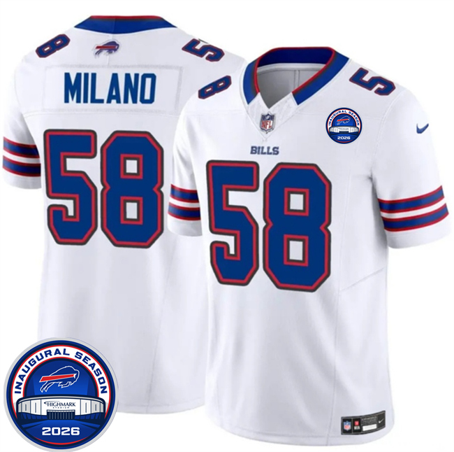 Men's Buffalo Bills #58 Matt Milano White F.U.S.E. 2026 Inaugural Season at Highmark Stadium Patch Stitched Football Jersey