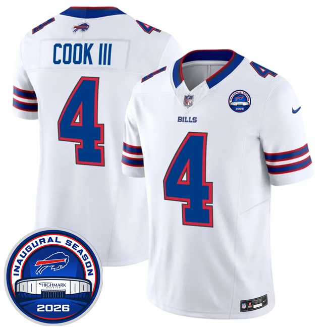 Men's Buffalo Bills #4 James Cook III White F.U.S.E. 2026 Inaugural Season at Highmark Stadium Patch Stitched Football Jersey