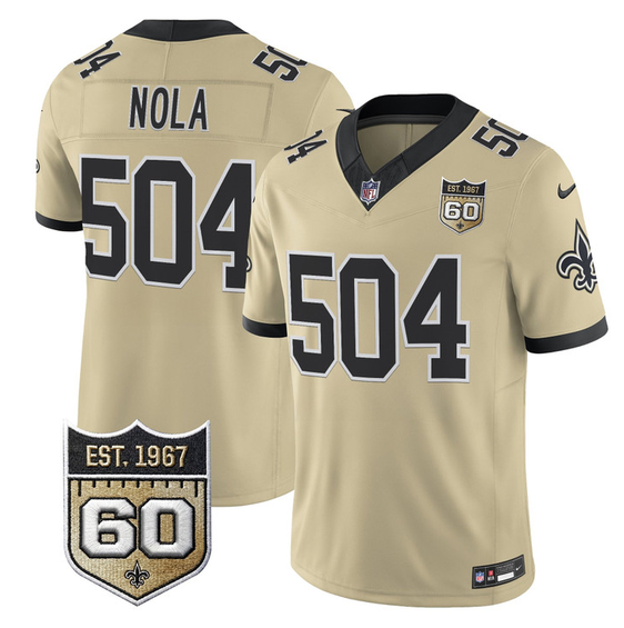 Men's New Orleans Saints #504 Nola Gold F.U.S.E. 60th Anniversary Patch Vapor Limited Stitched Football Jersey