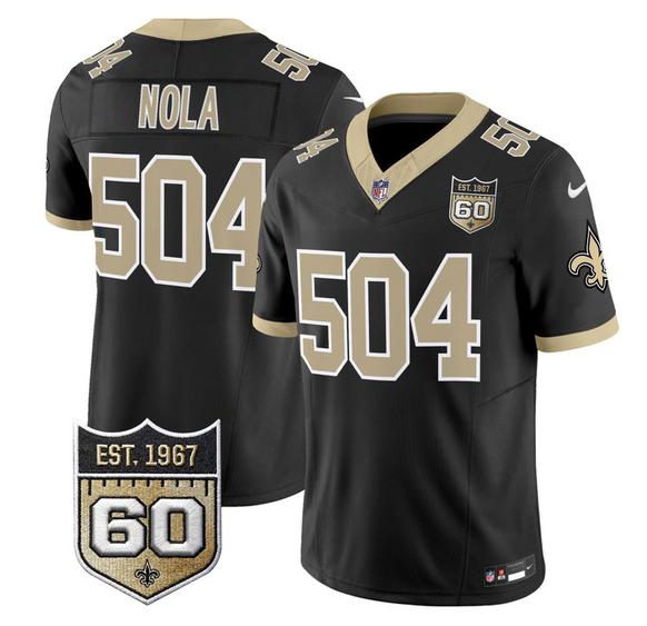 Men's New Orleans Saints #504 Nola Black F.U.S.E. 60th Anniversary Patch Vapor Limited Stitched Football Jersey