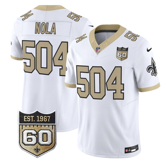 Men's New Orleans Saints #504 Nola White F.U.S.E. 60th Anniversary Patch Vapor Limited Stitched Football Jersey