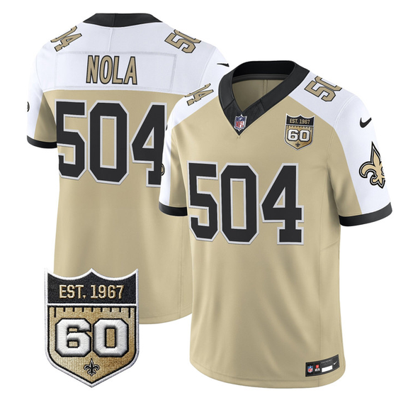 Men's New Orleans Saints #504 Nola Gold Alternate F.U.S.E. 60th Anniversary Patch Vapor Limited Stitched Football Jersey