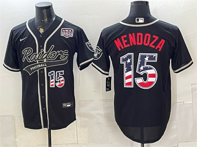 Men's Las Vegas Raiders #15 Fernando Mendoza Black USA 250 Fourth of July Vapor Limited Stitched Baseball Jersey (1)