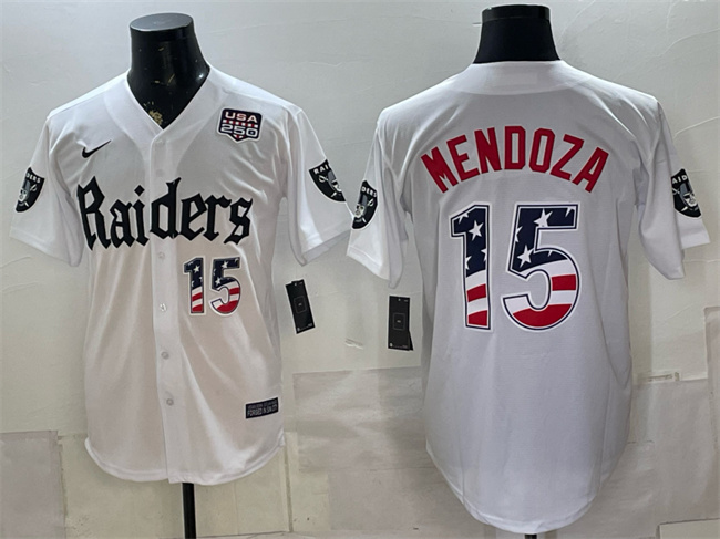 Men's Las Vegas Raiders #15 Fernando Mendoza White USA 250 Fourth of July 'Gothic Sin City Shadows Edition'  Vapor Limited Stitched Baseball Jersey